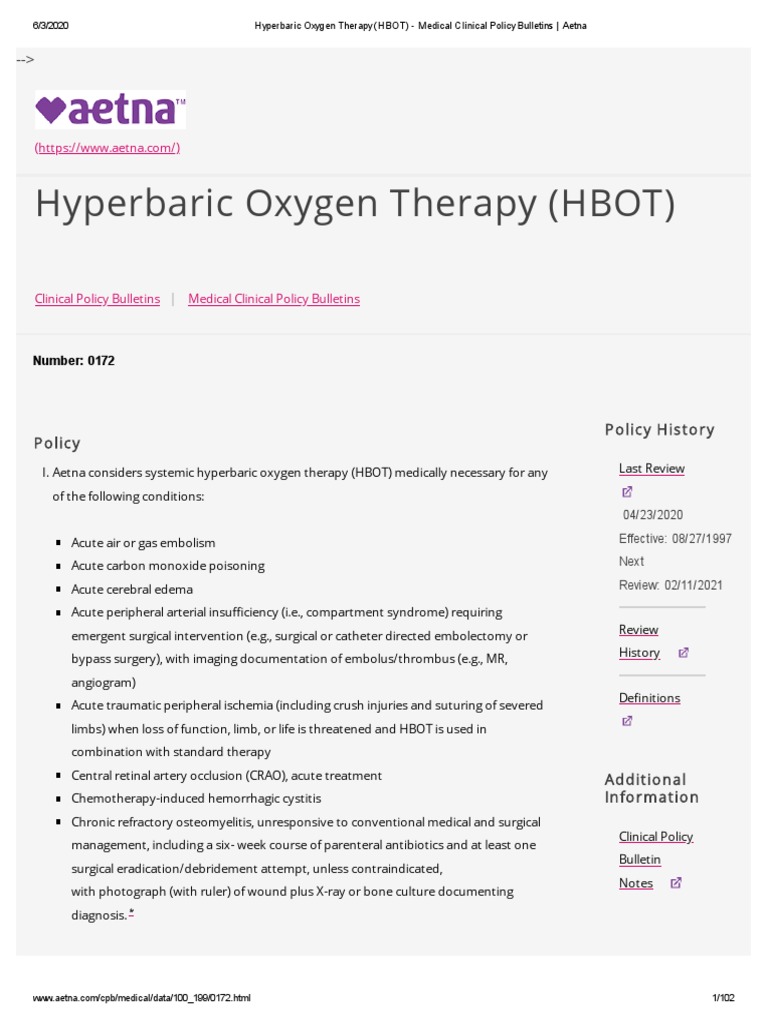 Hyperbaric Oxygen Therapy (HBOT) Medical Clinical Policy Bulletins