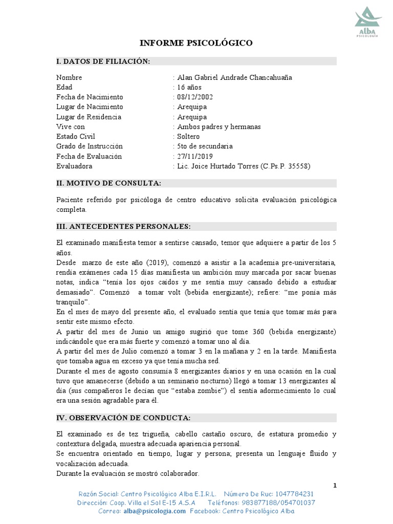 Informe Psicológico de Adolescente Alan Andrade | PDF | Las emociones ...