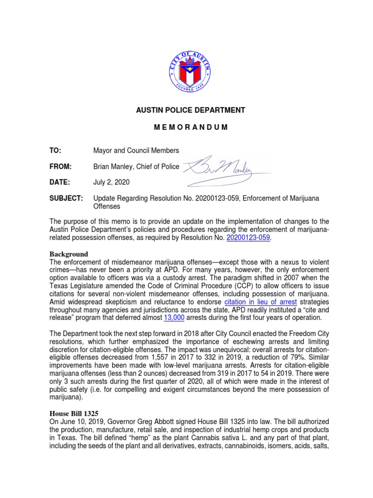 Austin Police Department Memorandum TO From Date Subject Cannabis