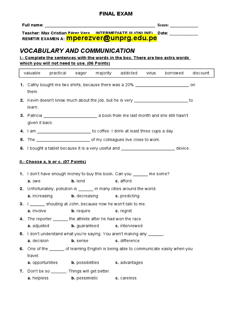 ICPNA Intermediate III Final Exam | PDF | Nature
