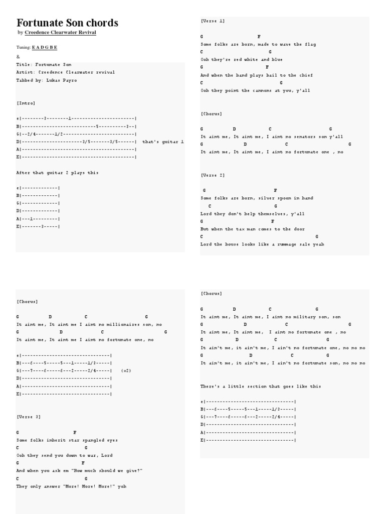 Fortunate Son Chords Creedence PDF Song Structure Musical