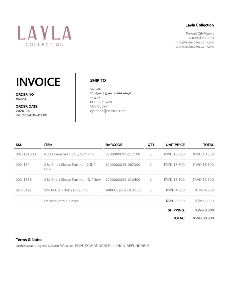 Layla Collection Invoice #6224 | PDF