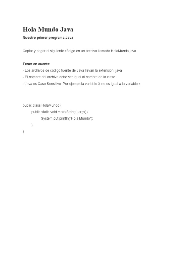 Hola Mundo Java: Nuestro Primer Programa Java | PDF