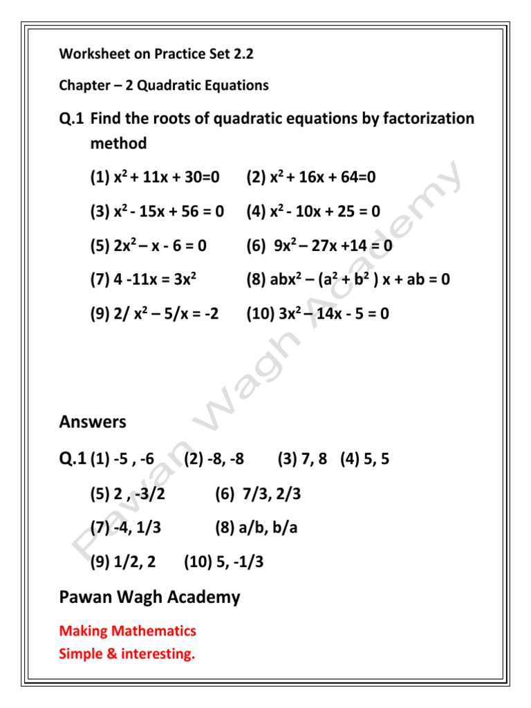Quadratic Equations Factorization Worksheet | PDF