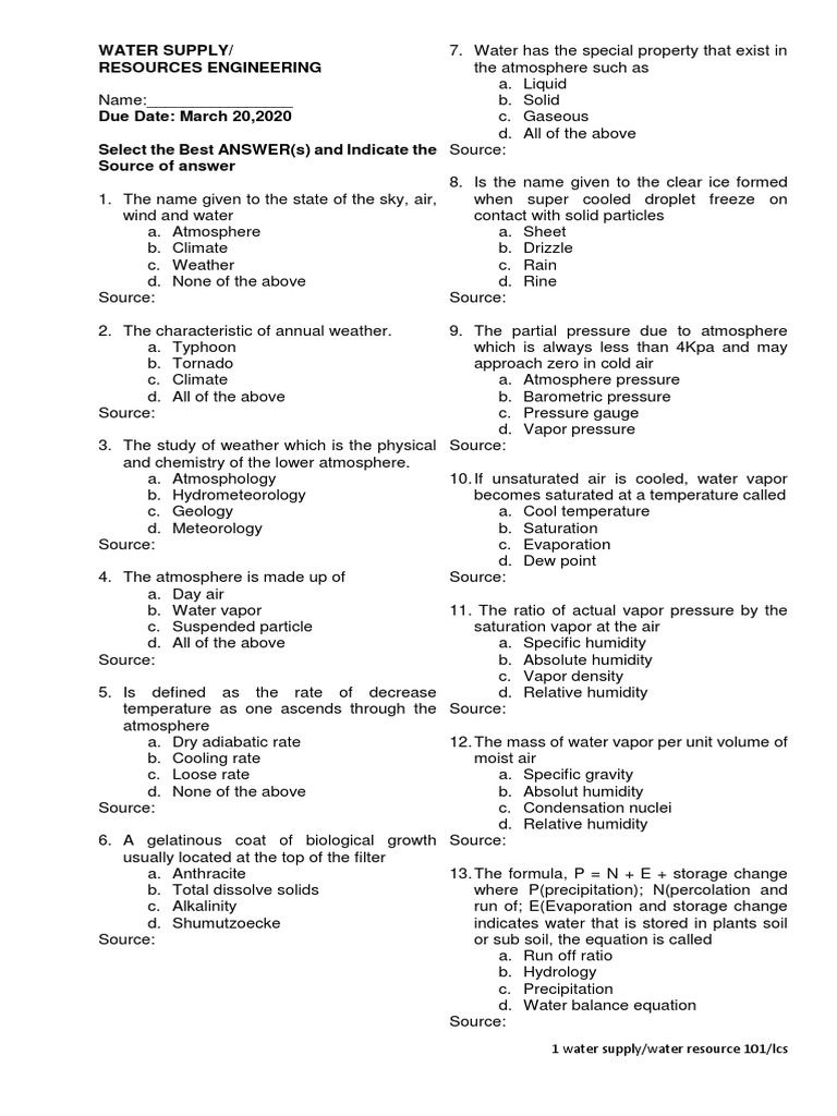 Water Supply and Resource MCQs | PDF | Water Vapor | Alkalinity