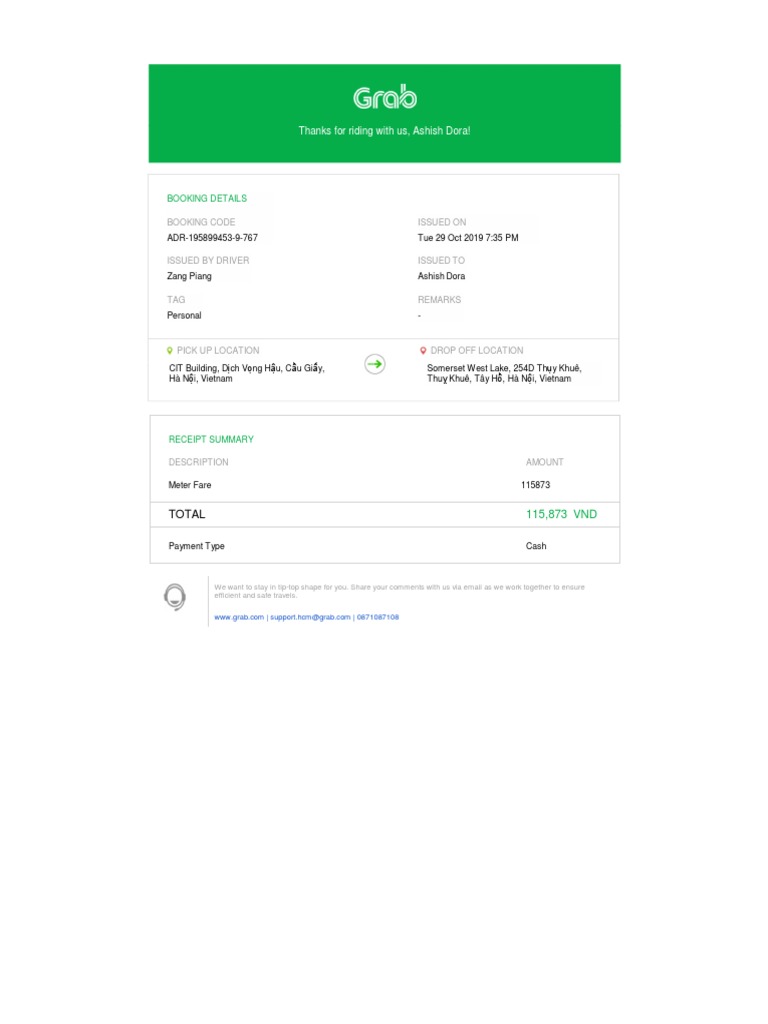 Grab Booking Code Receipt Summary | PDF