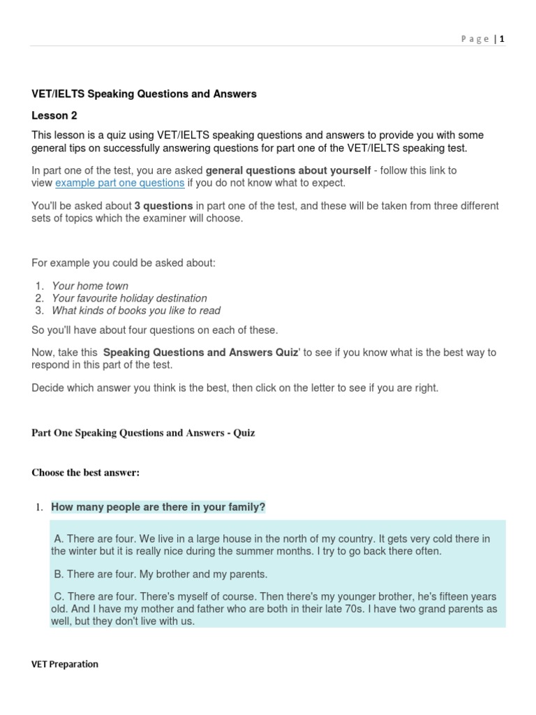VET/IELTS Speaking Questions and Answers Lesson 2 Example Part One