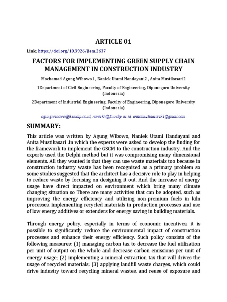 Article 01 Factors For Implementing Green Supply Chain Management in