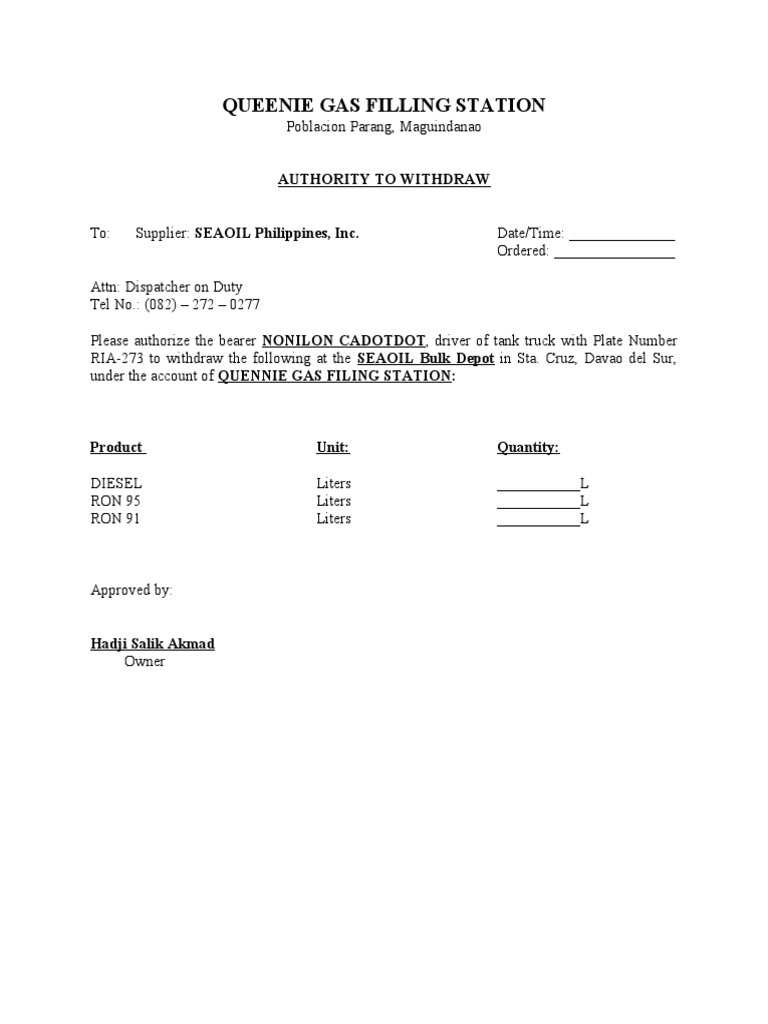Authorization for Fuel Withdrawal | PDF