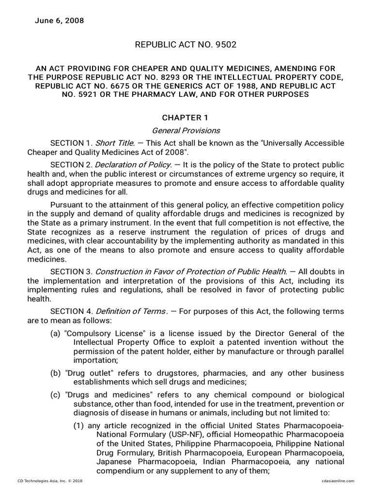 Republic Act No. 9502: General Provisions Short Title Declaration of ...