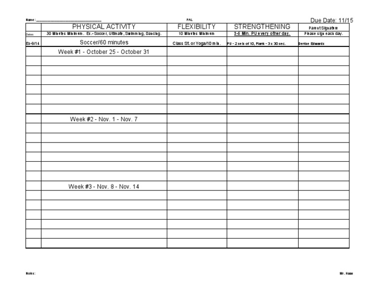 Weekly Physical Activity Log Template | PDF