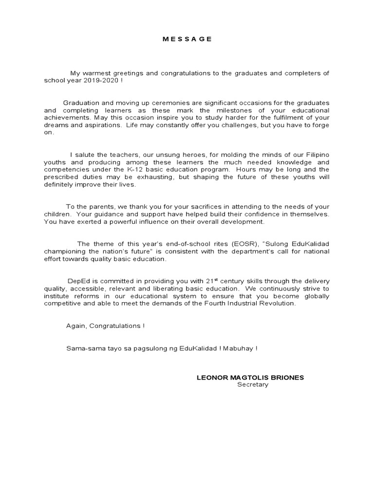 Graduation Message for 2019-2020 Class | PDF