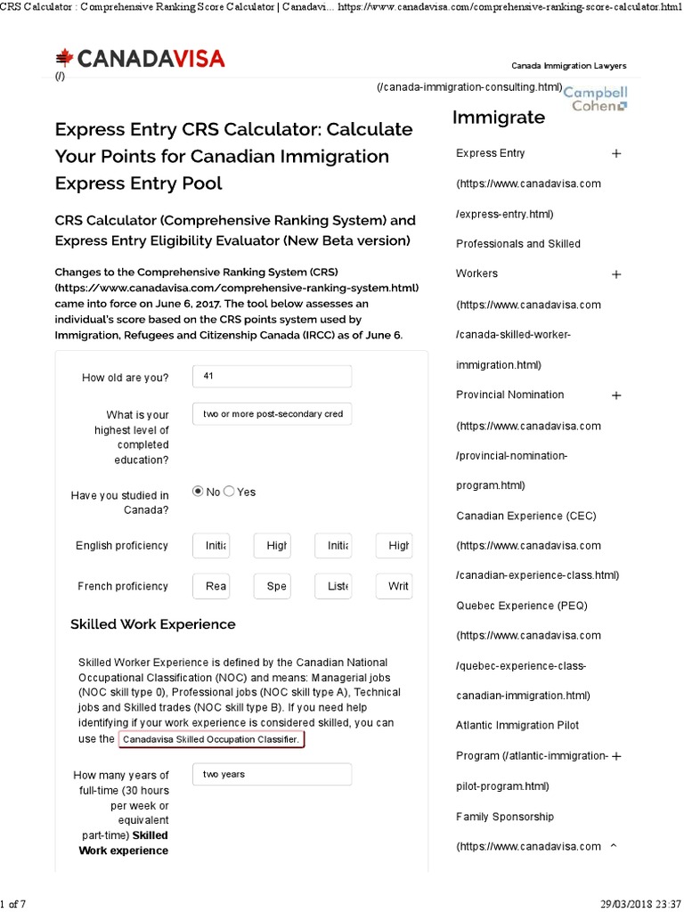 CRS Calculator Comprehensive Ranking Score Calculator Canadavisa