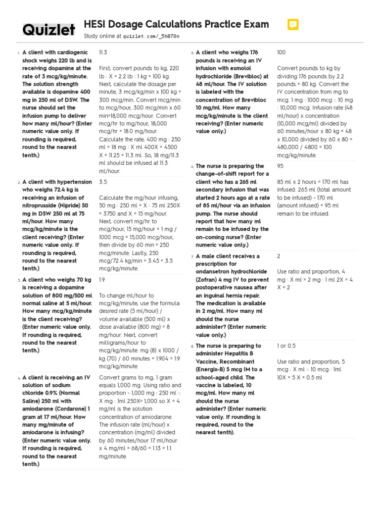 Hesi Dosage Calculation Practice Exam Saline (Medicine) Intravenous