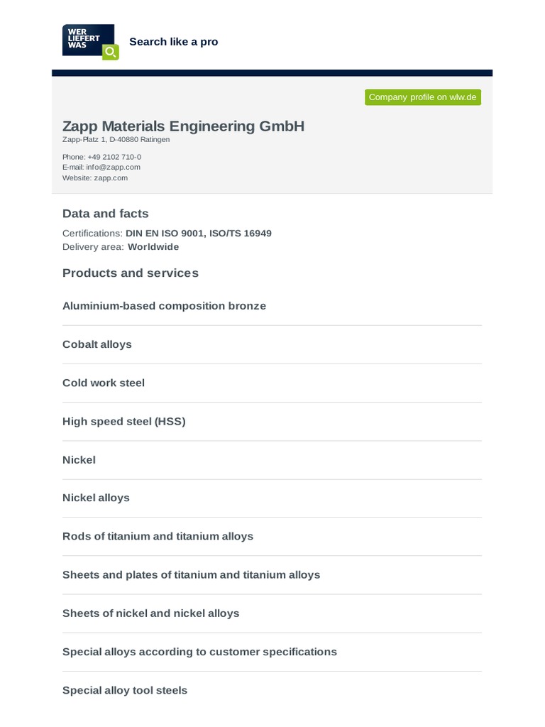 Zapp Materials Engineering Overview | PDF