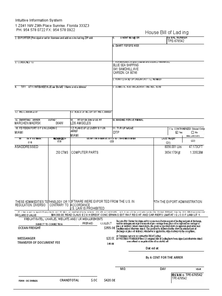 House Bill of Lading Details | PDF