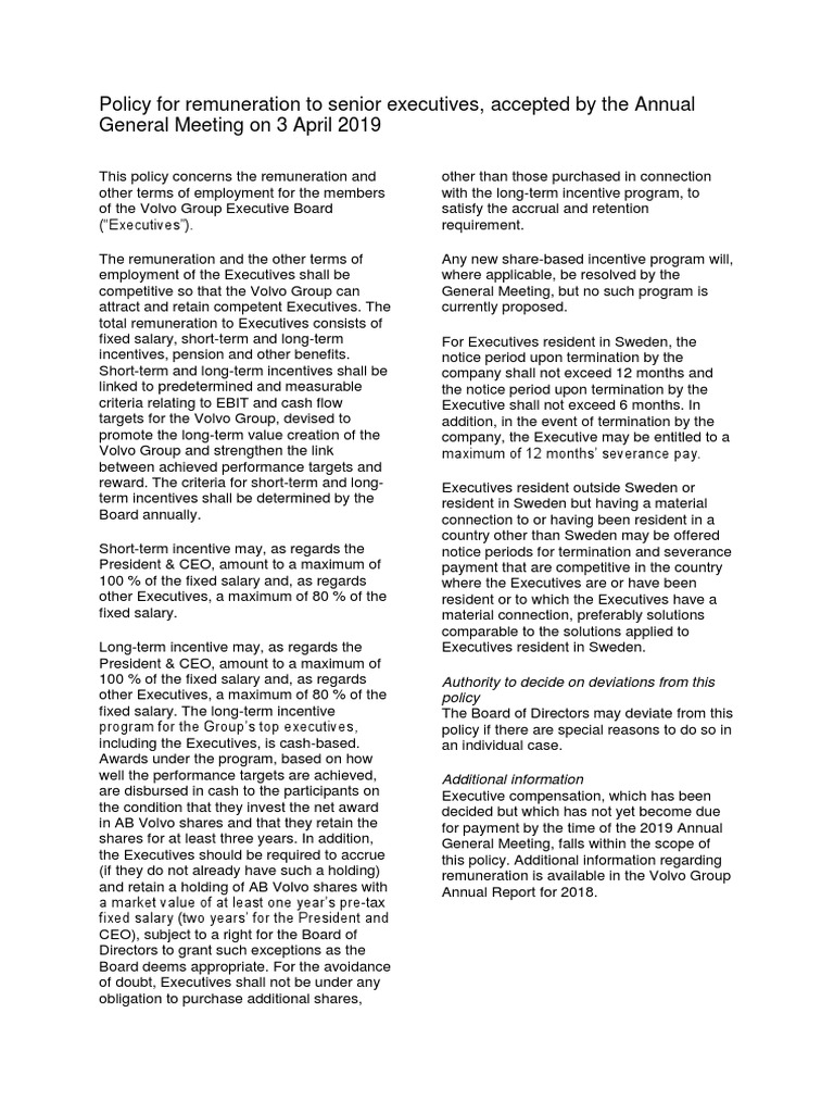 Remuneration Policy EN | PDF | Executive Compensation | Salary