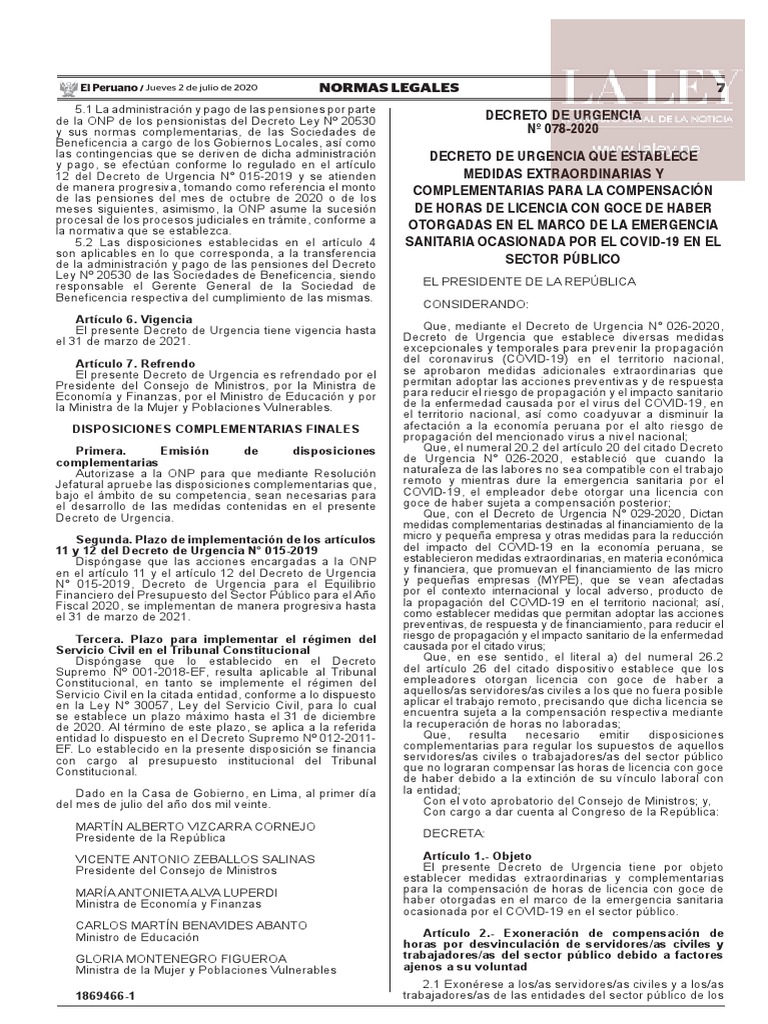 Decreto De Urgencia 078 2020 Pdf Estado De Emergencia Perú