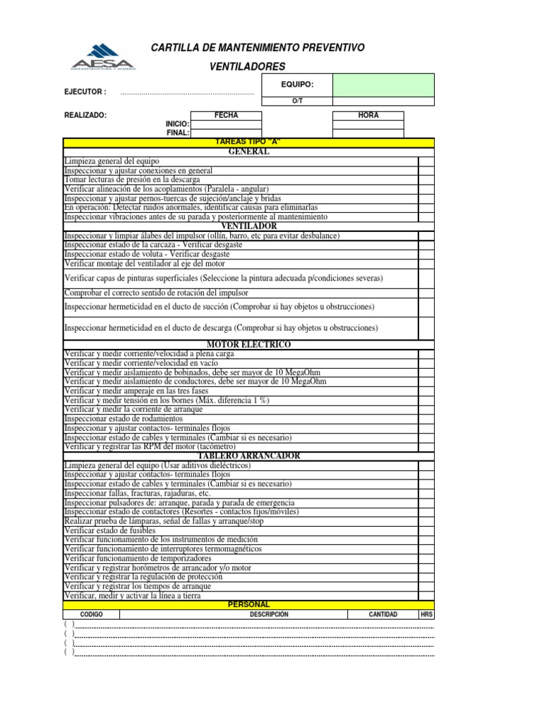 Preventive Maintenance Checklist for Fans Inspection and Testing