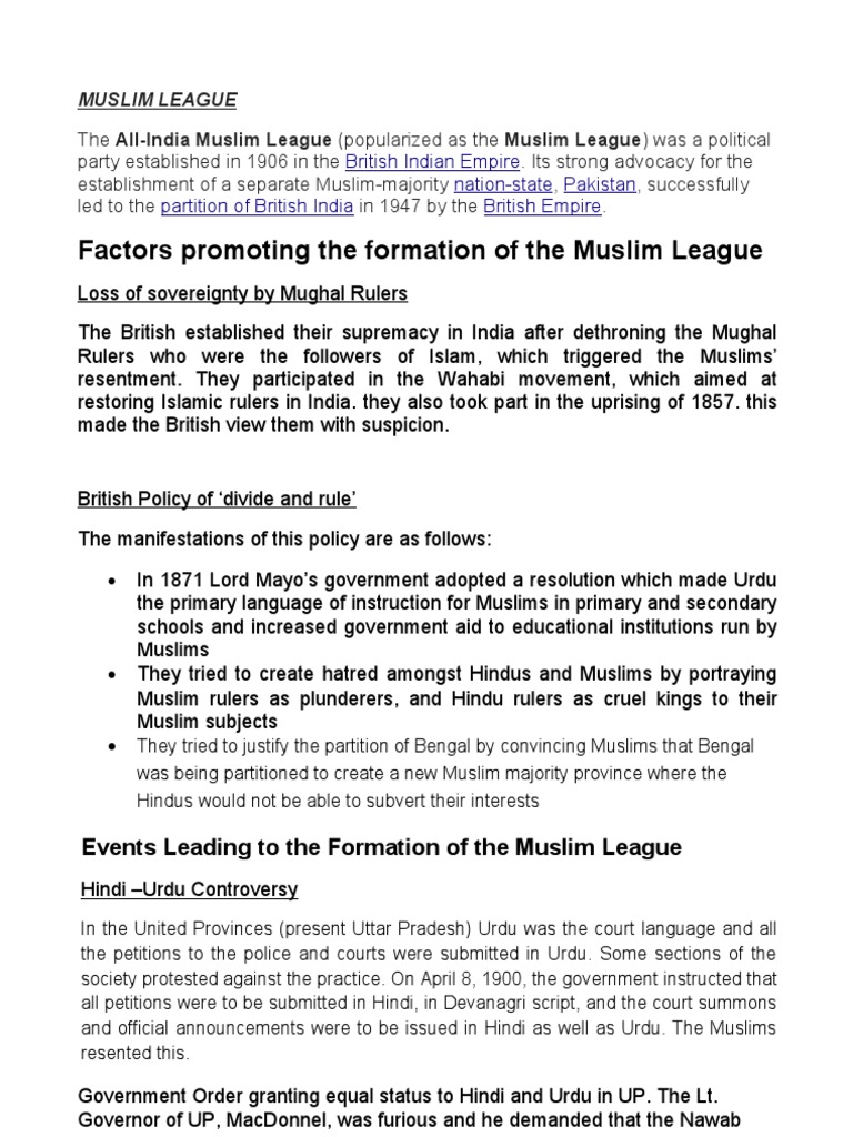 Factors Promoting The Formation of The Muslim League | Download Free ...