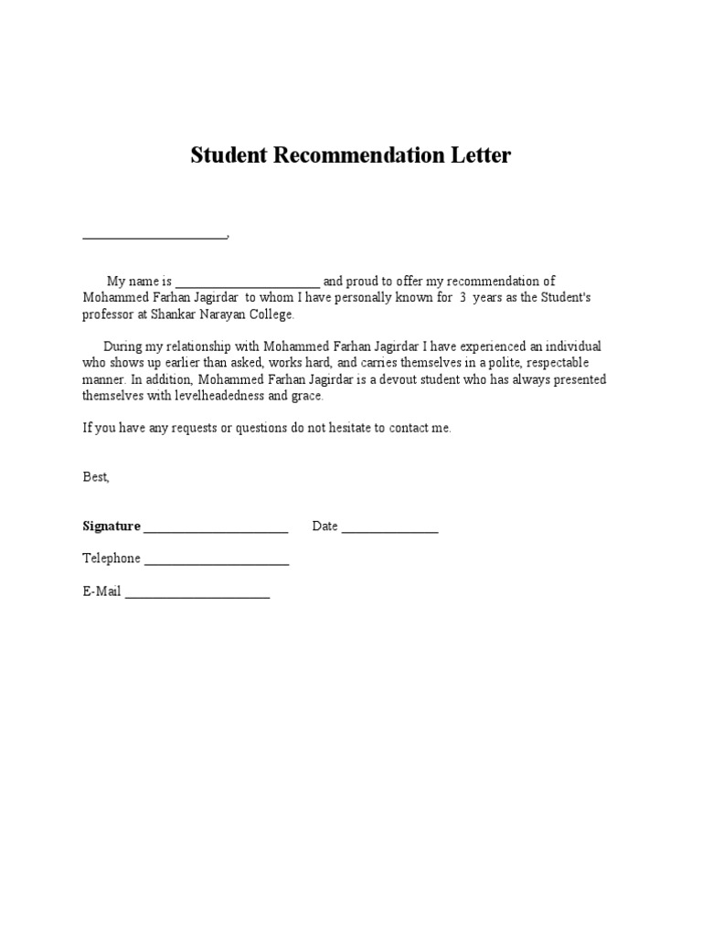 Student Recommendation Letter Template PDF