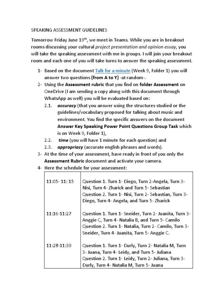 Speaking Assessment Guidelines | PDF | Communication | Psychological ...