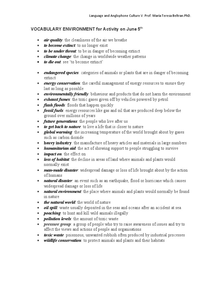 Vocabulary for Environmental Awareness | PDF | Global Warming | Extinction