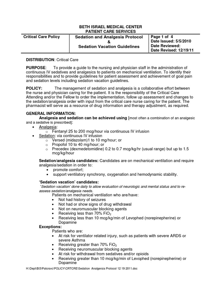 Sedation Vacation Guidelines for ICU | PDF | Analgesic | Drugs Acting ...
