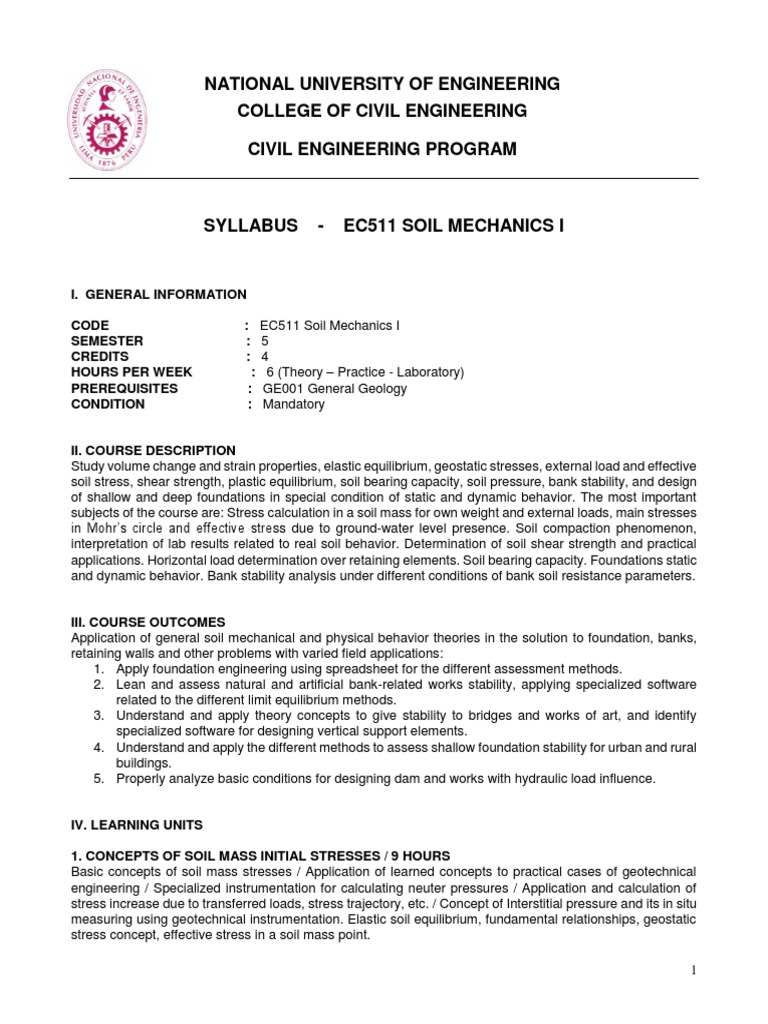 EC511 Soil Mechanics I Syllabus | PDF | Geotechnical Engineering ...
