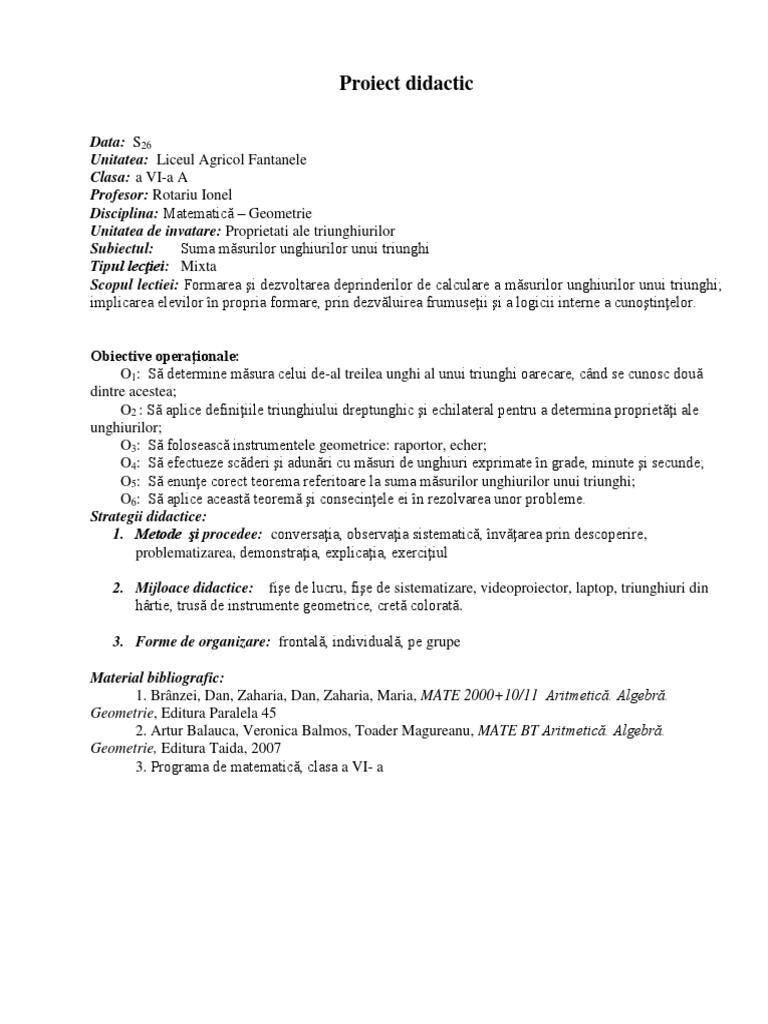 Proiect Didactic Model | PDF