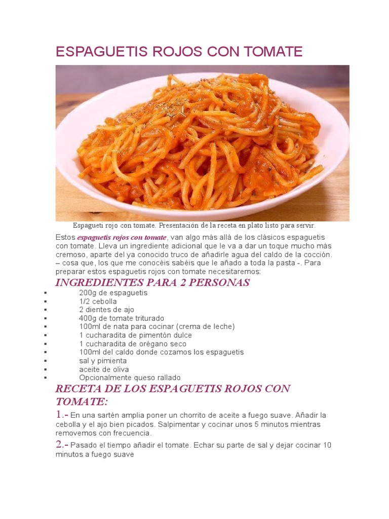 Espaguetis Rojos Con Tomate | PDF | Espaguetis | Caldo