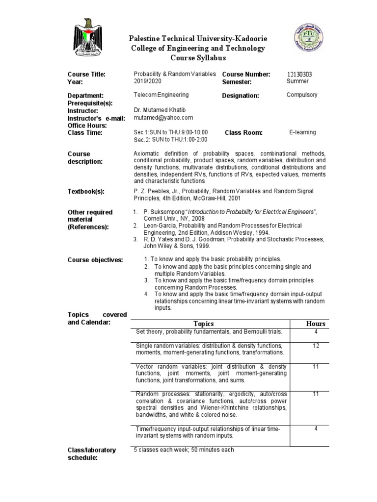 Probability & Random Variables Syllabus | PDF | Stochastic Process ...