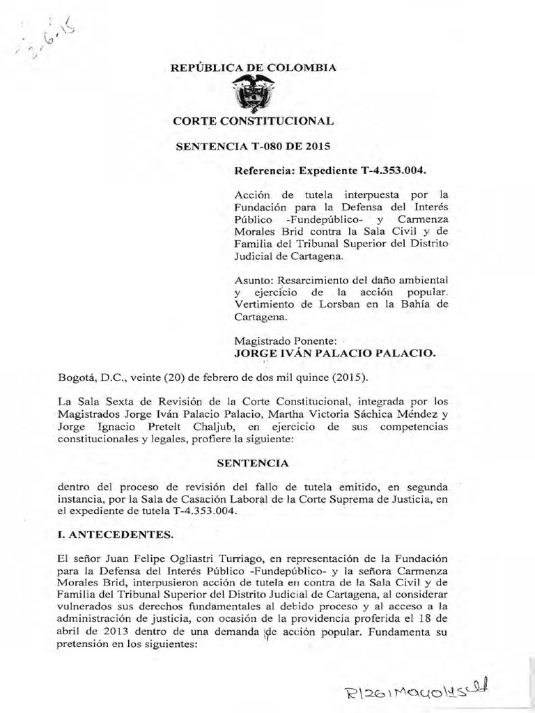 Sentencia T-080 de 2015 PDF | PDF | Debido al proceso | Contaminación