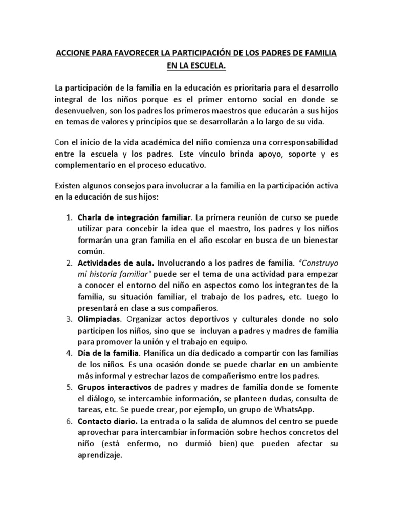 Acciones para Favorecer La Participación de Los Padres de Familia en La ...