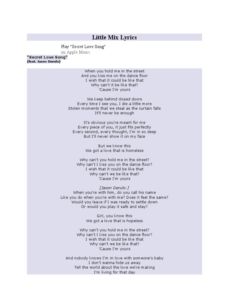 Secret Love Song Full Lyrics | PDF | Entertainment (General)