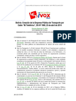 Bolivia: Creación de La Empresa Pública de Transporte Por Cable "Mi Teleférico", DS #1980, 23 de Abril de 2014