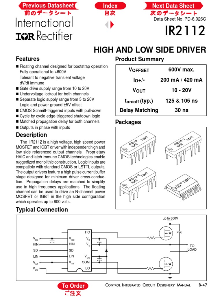 IR2112 High Voltage Driver Specs | PDF | Logic Gate | Electronic Circuits