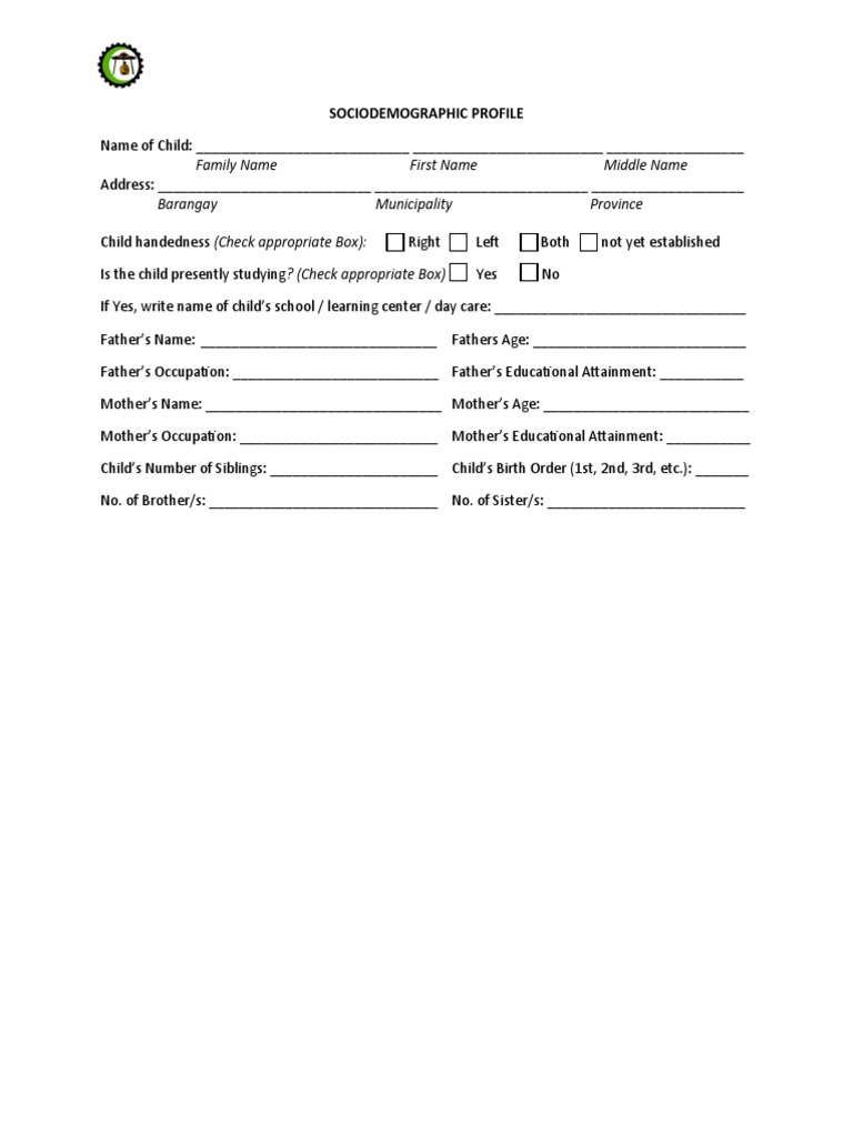 Child Sociodemographic Profile Form | PDF | Career & Growth | Self ...