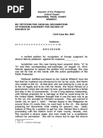 Regional Trial Court Branch Re: Petition For Judicial Recognition of Foreign Judgment For Decree of Divorce of Civil Case No. BSP