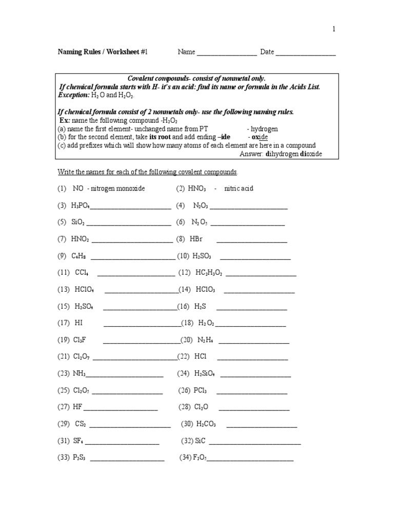 Naming Worksheet 1 Doc Acid Nitrogen