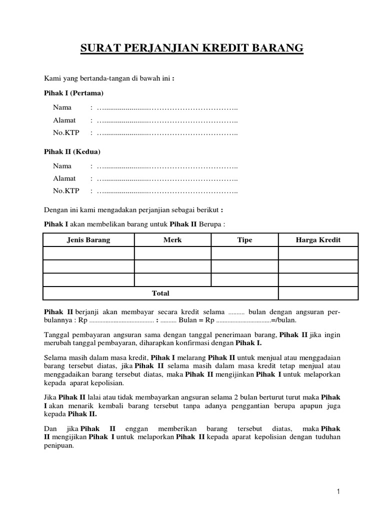 Surat Perjanjian Kredit Barang