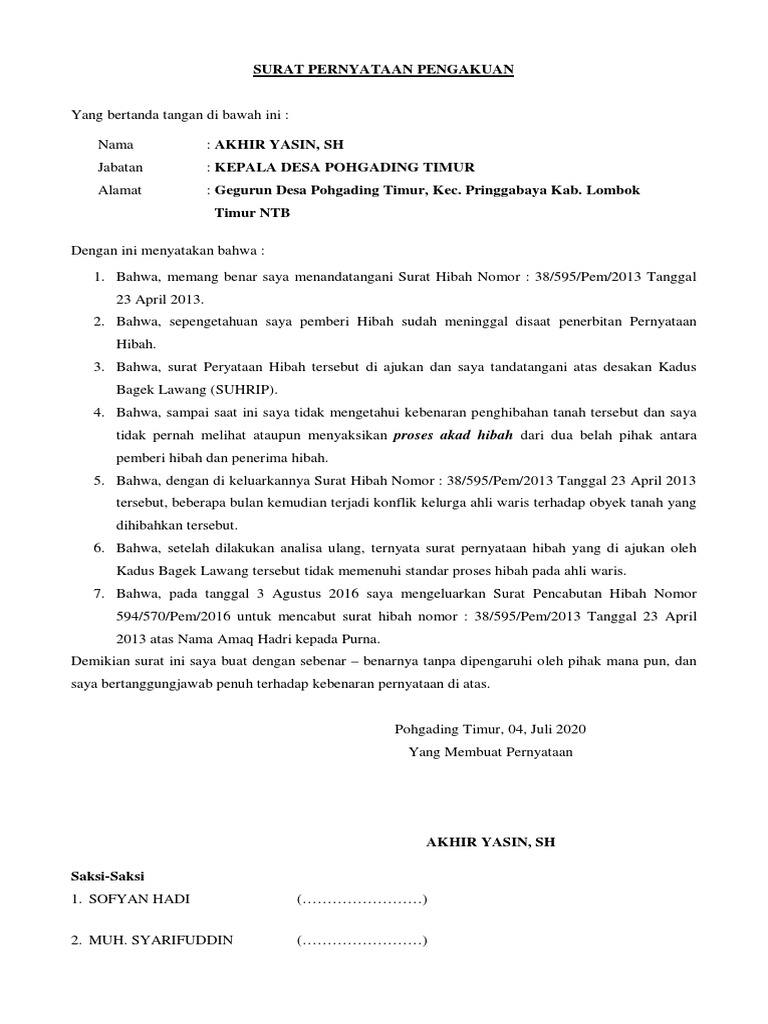 Surat Pernyataan Pengakuan | PDF