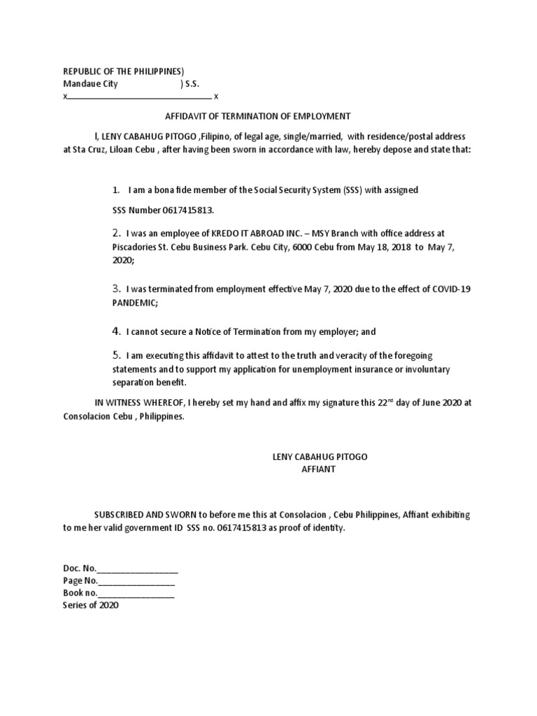 Affidavit of Employment Termination | PDF | Affidavit | Identity Document