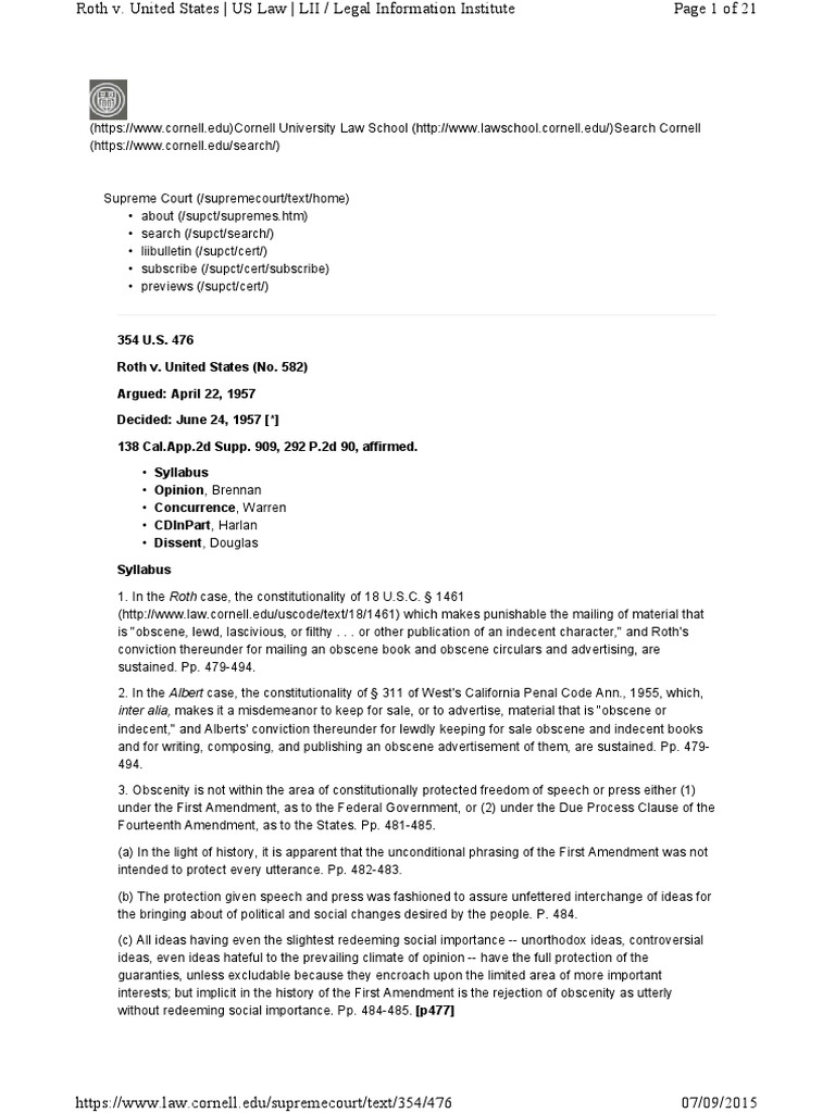 Roth v. US (1957, Obscenity) PDF First Amendment To The United States Constitution Obscenity