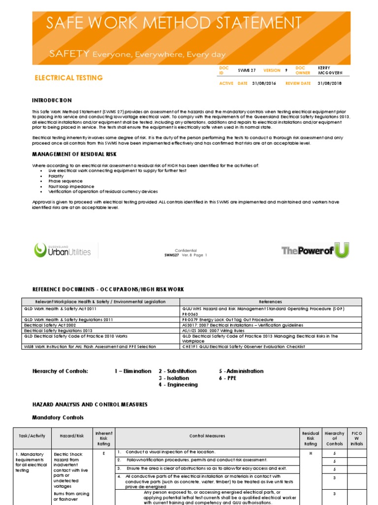 Safe Work Method Statement: Electrical Testing | PDF | Personal ...