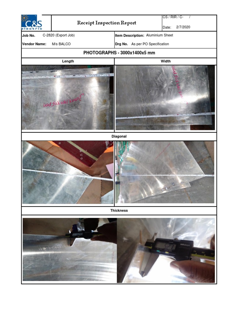 Receipt Inspection Report: PHOTOGRAPHS - 3000x1400x5 MM | PDF ...