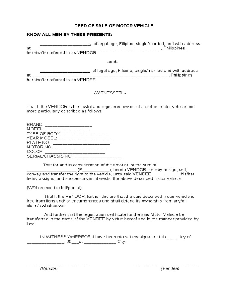 Motor Vehicle Deed of Sale Template | PDF | Deed | Private Law