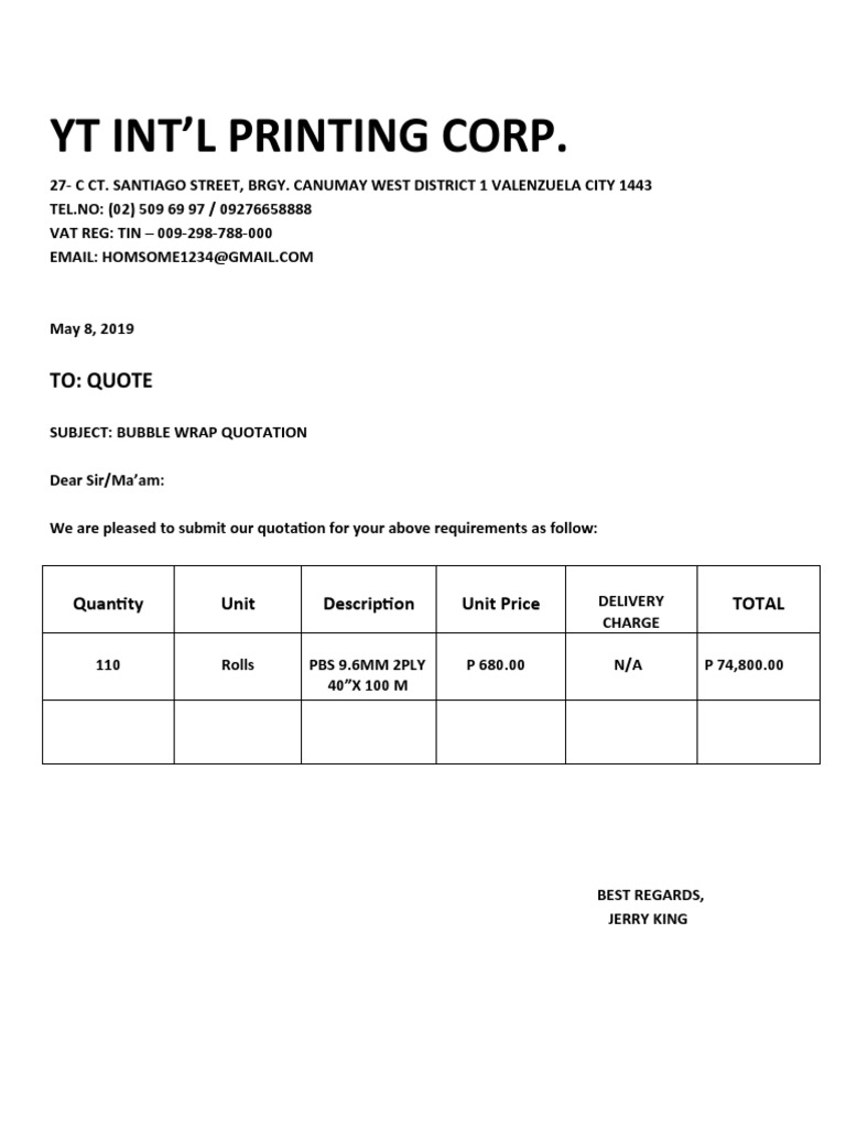 Bubble Wrap Quotation | PDF
