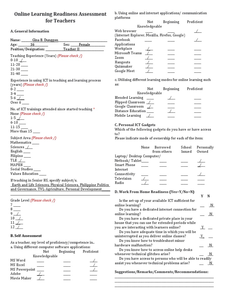 Online Learning Readiness Assessment For Teachers (Please Check