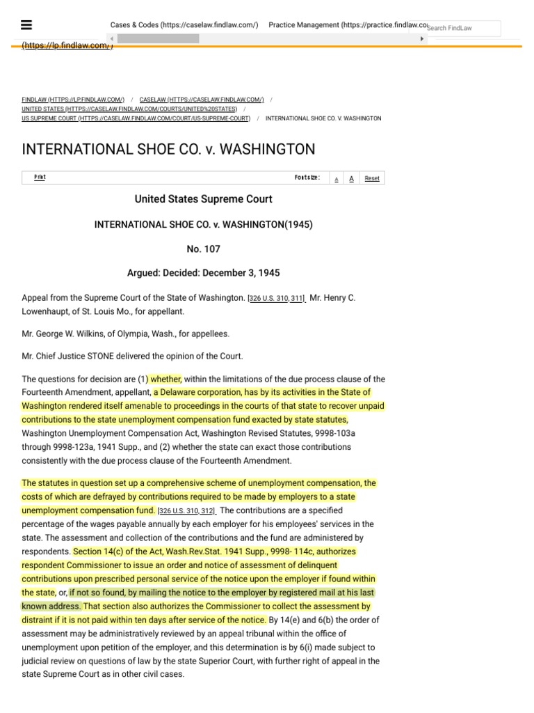 International Shoe v. State of Washington, 326 U.S. 310 (1945) PDF